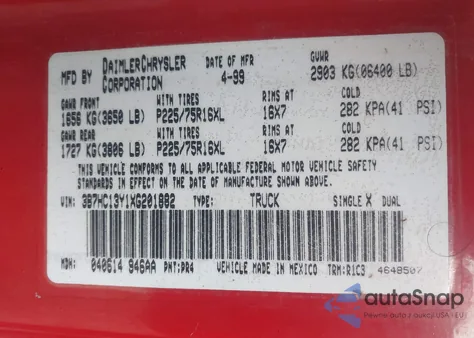 1999 Dodge Ram 1500 St z USA, uszkodzony, nr VIN 3B7HC13Y1XG201882